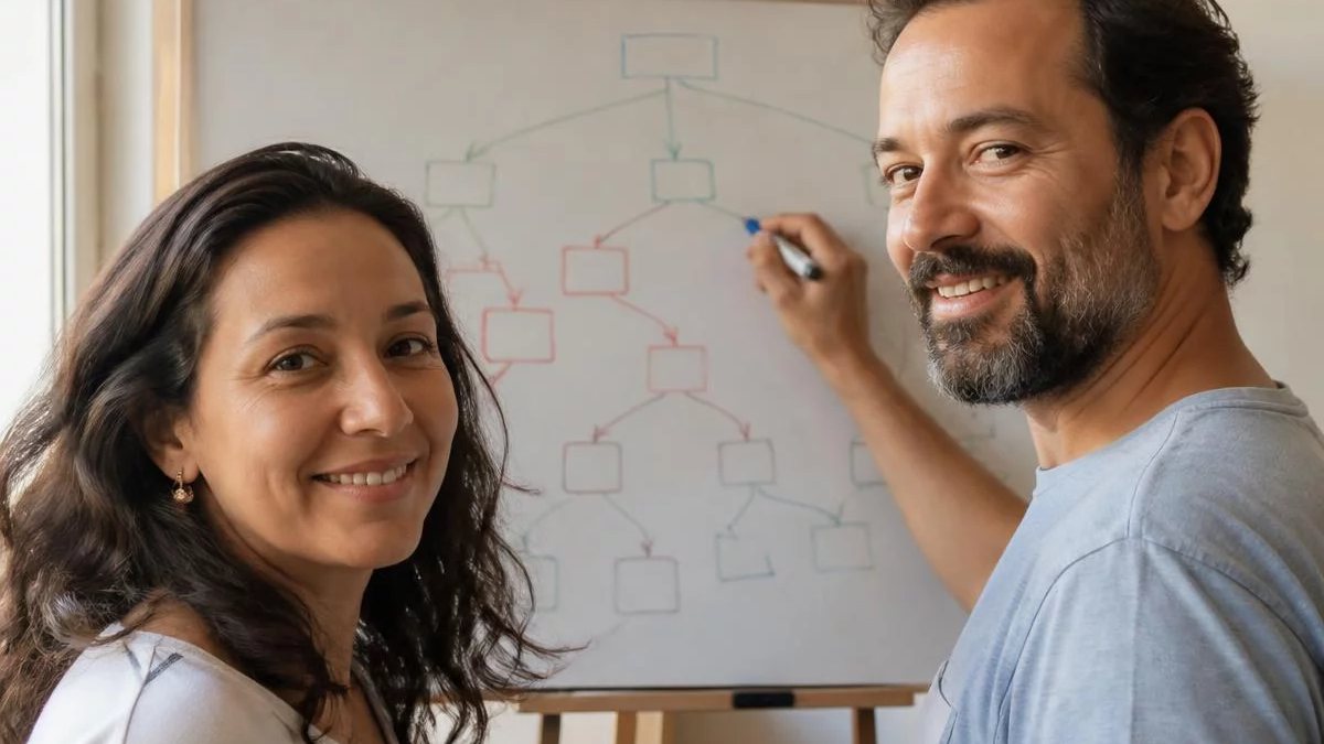 Duas participantes de pé diante do quadro branco, montando um argumento a caneta